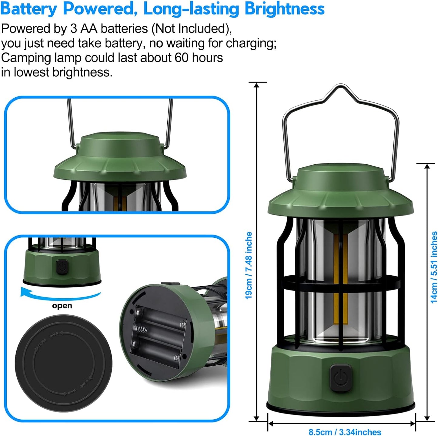 Linterna de Camping, 2 Piezas Lámpara de Camping LED a Pilas, Farol Camping 3 Modos Luz de Emergencia, Luz de Carpa IPX4 Resistente al Agua para Acampar Caminar Pescar Cortes de Energía y Más