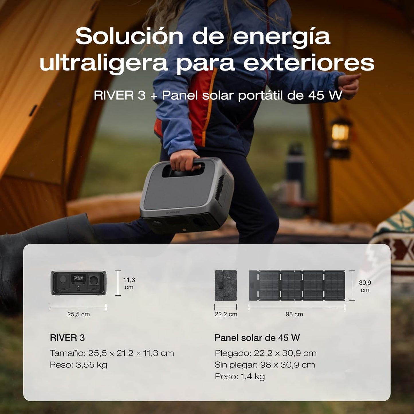Estación de energía portátil EF EcoFlow RIVER 3, 245 Wh batería LFP, 600 W salida, 2x tiempo de funcionamiento con GaN, SAI en <20 ms, generadorsolar un 30% más compacto para exteriores