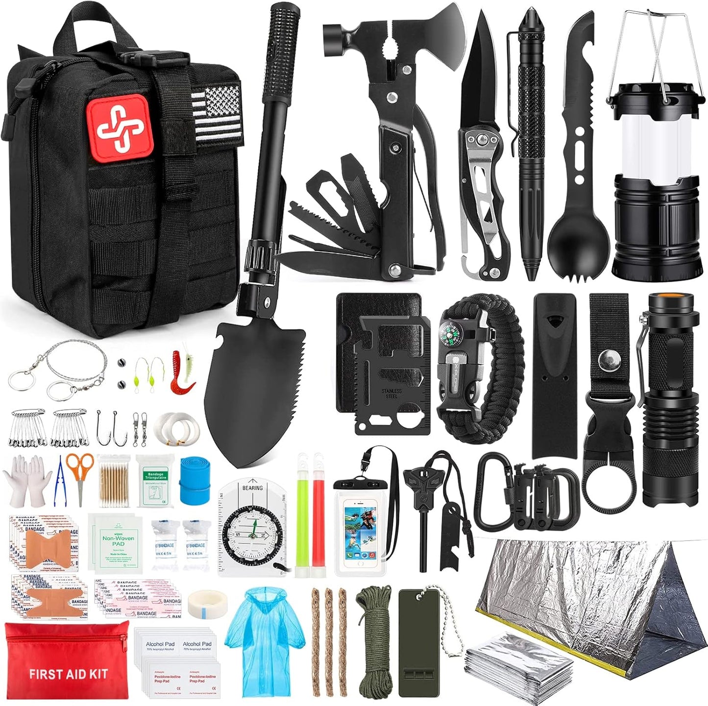Kit de supervivencia, kit de primeros auxilios de supervivencia de 250 piezas con bolsa compatible con sistema Molle y tienda de campaña de emergencia, kit de emergencia para terremoto, aventura al