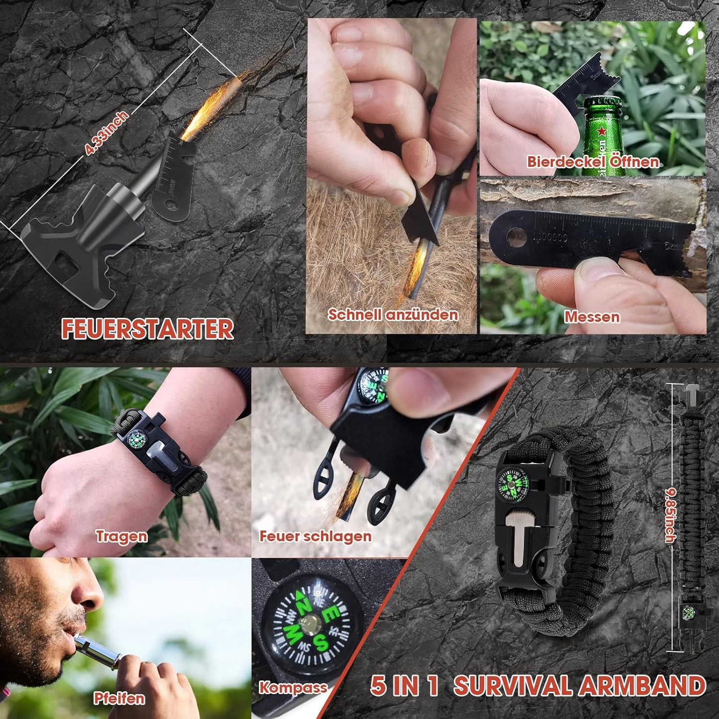 Kit de Supervivencia LC-dolida 15 en 1, Kit de Supervivencia de Emergencia al Aire Libre con Cuchillo/Linterna táctica para Acampar/bushcraft/Senderismo/Caza/Aventuras al Aire Libre