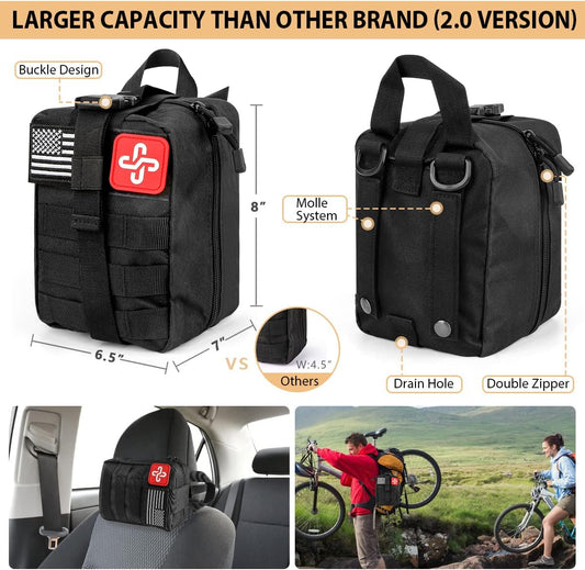 Kit de supervivencia, kit de primeros auxilios de supervivencia de 250 piezas con bolsa compatible con sistema Molle y tienda de campaña de emergencia, kit de emergencia para terremoto, aventura al