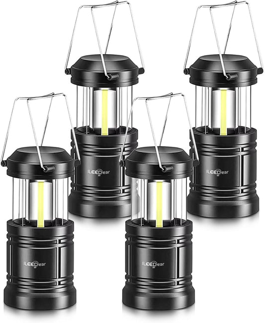 Paquete de 4 linternas LED para acampar, lampara camping, kit de supervivencia para huracanes, emergencias, tormentas, apagones (negro, plegable)