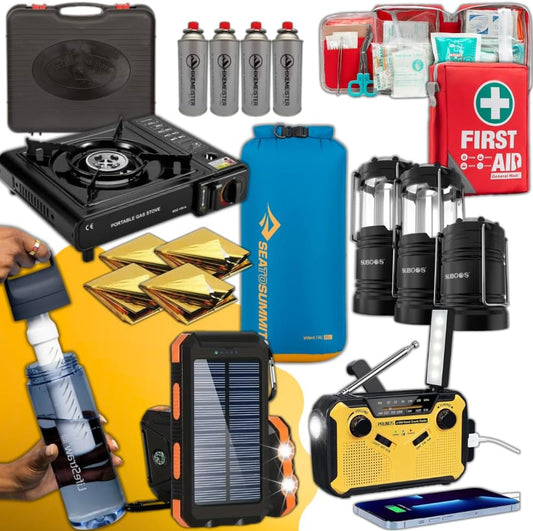 #1 Kit de emergencia para el hogar durante situaciones de emergencia, cortes de energía, situaciones de guerra, cortes de agua/gas - Incluye filtro de agua, banco de energía, kit de gas, radio de