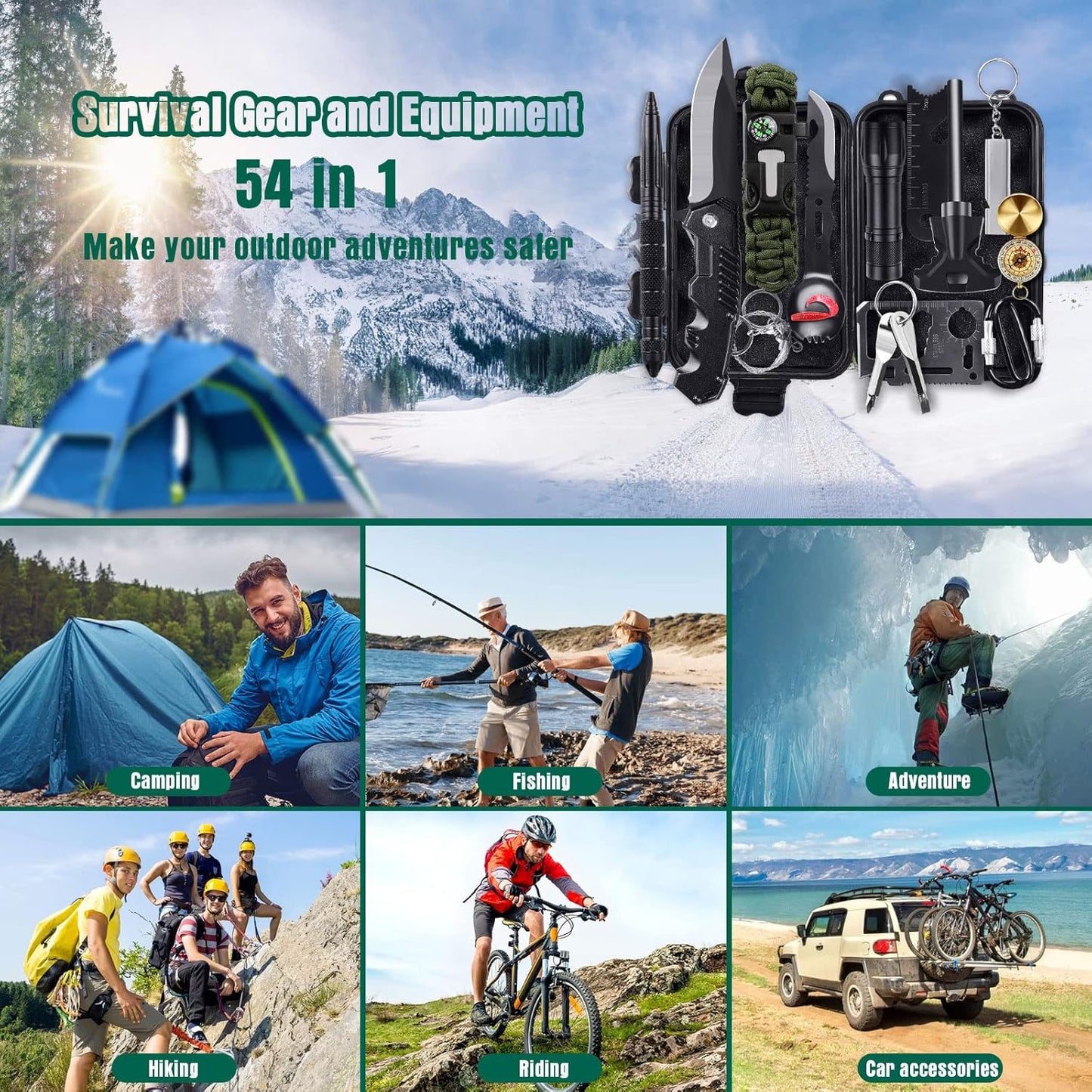 Kit de Supervivencia LC-dolida 15 en 1, Kit de Supervivencia de Emergencia al Aire Libre con Cuchillo/Linterna táctica para Acampar/bushcraft/Senderismo/Caza/Aventuras al Aire Libre
