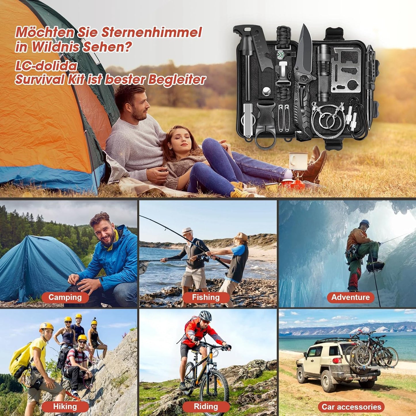 Kit de Supervivencia LC-dolida 15 en 1, Kit de Supervivencia de Emergencia al Aire Libre con Cuchillo/Linterna táctica para Acampar/bushcraft/Senderismo/Caza/Aventuras al Aire Libre