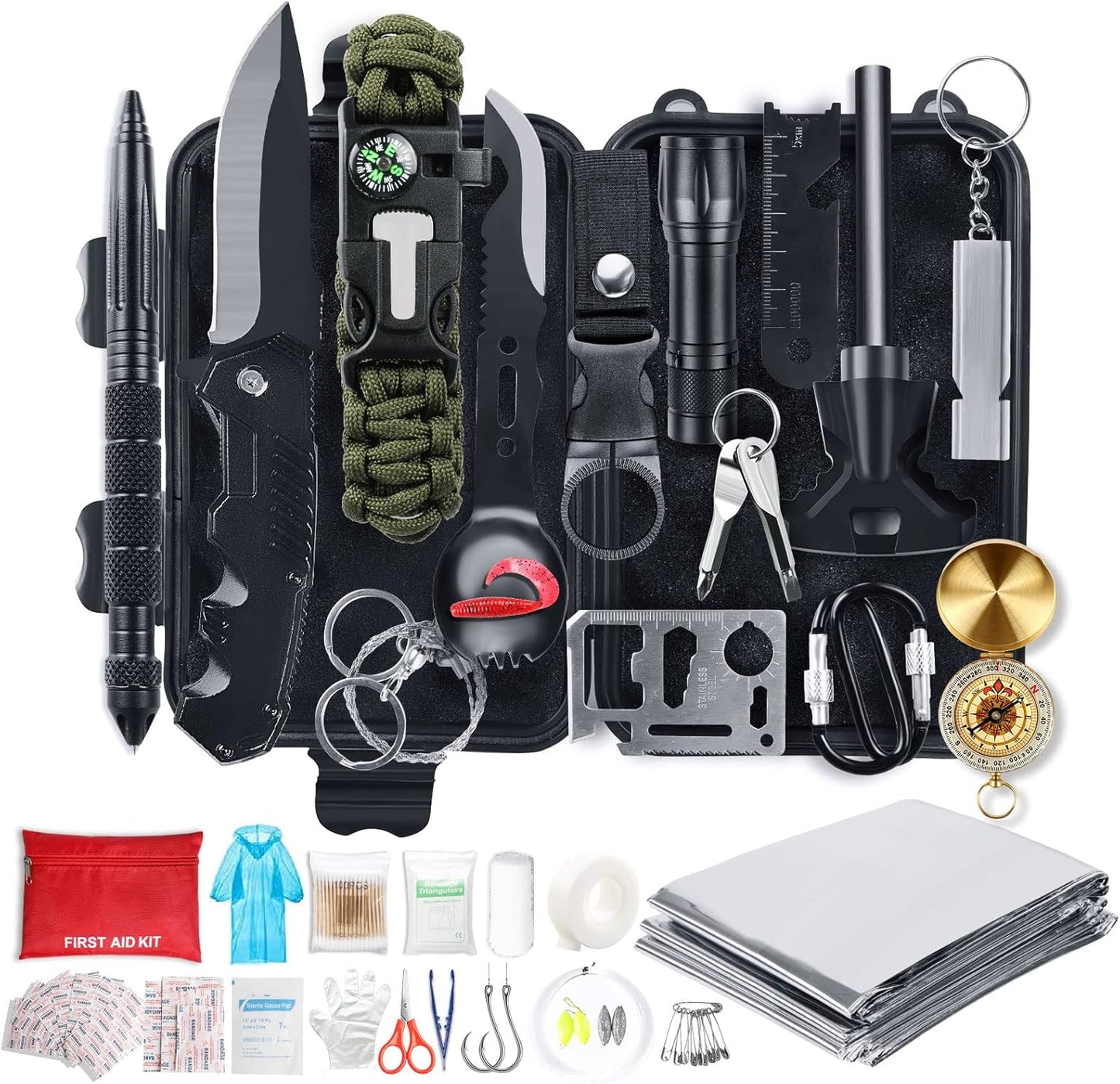 Kit de Supervivencia LC-dolida 15 en 1, Kit de Supervivencia de Emergencia al Aire Libre con Cuchillo/Linterna táctica para Acampar/bushcraft/Senderismo/Caza/Aventuras al Aire Libre